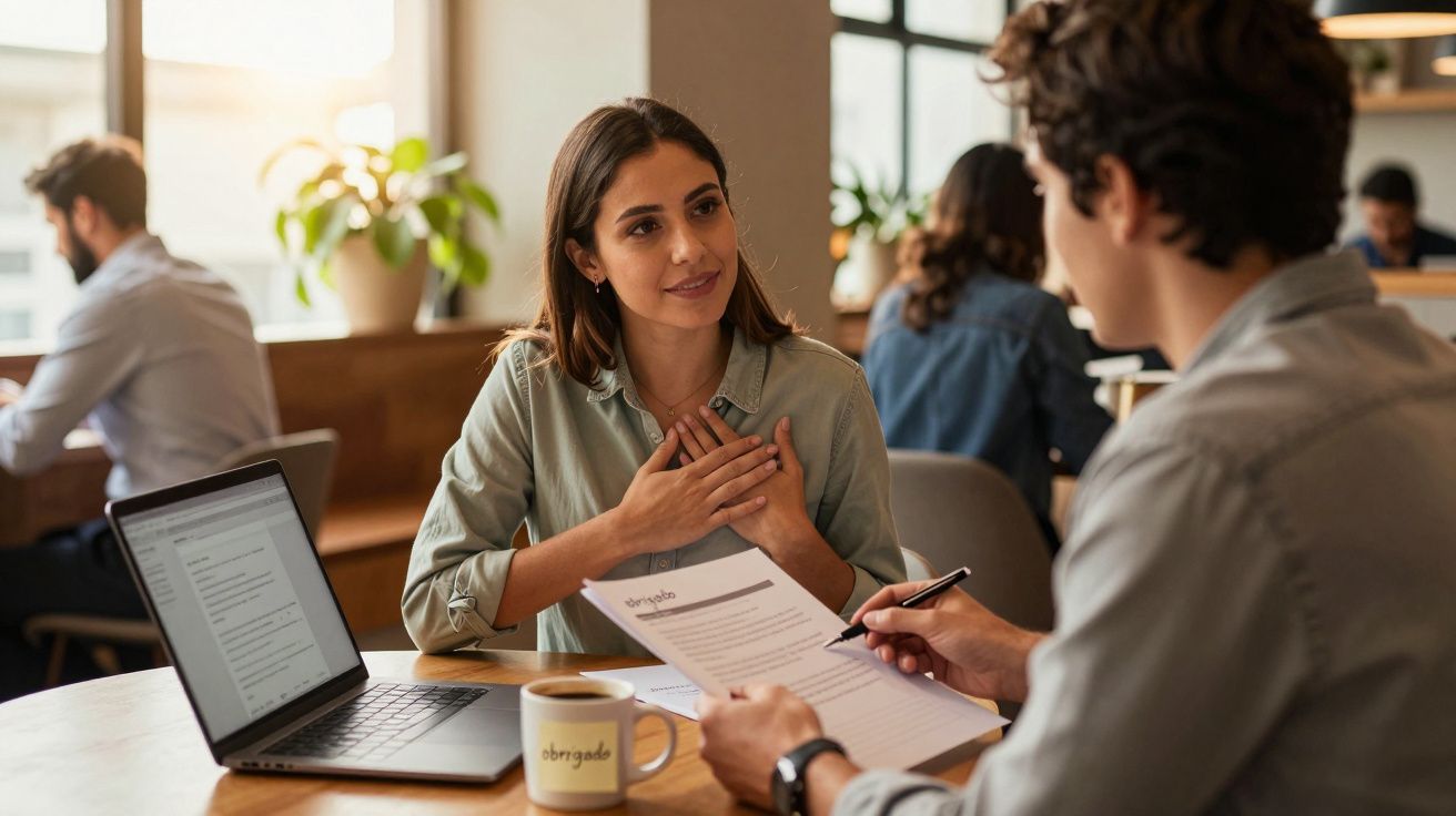 Mulher em entrevista de emprego, expressando gratidão, enquanto homem lê documentos num café.