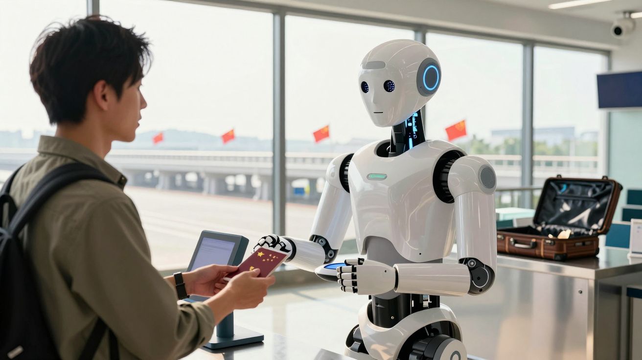Homem entrega passaporte a robot branco num balcão futurista com janelas grandes ao fundo.