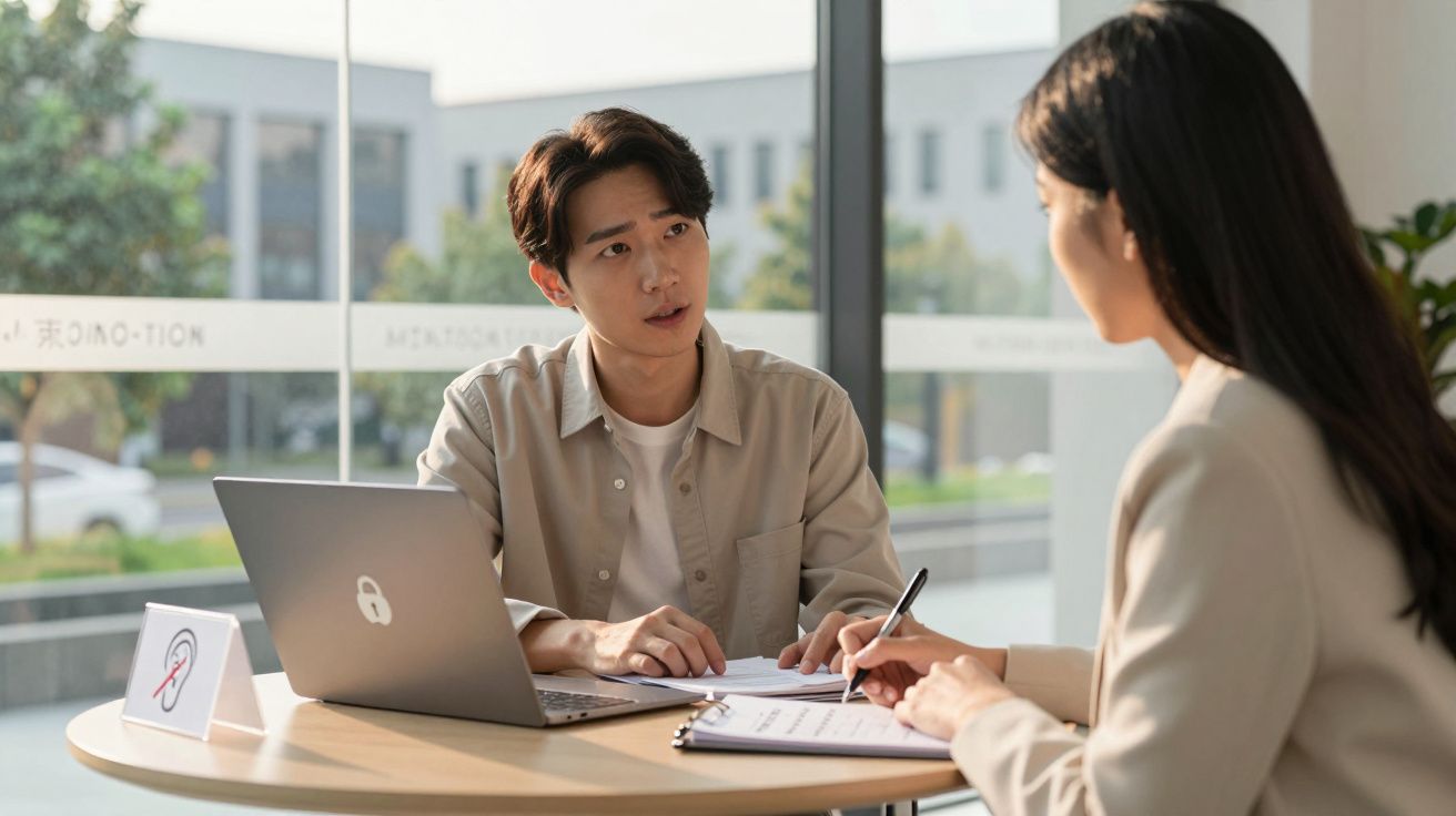 Dois profissionais asiáticos numa reunião de trabalho, com computador e documentos numa mesa redonda.