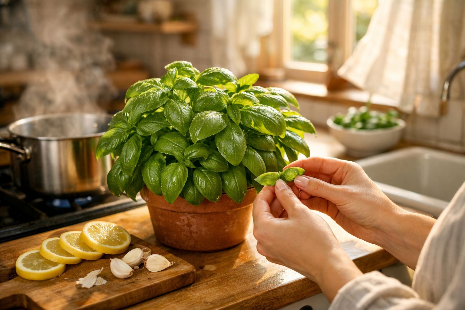 Mãos a colher folhas frescas de manjericão num vaso, com limão e alho numa tábua numa cozinha iluminada.