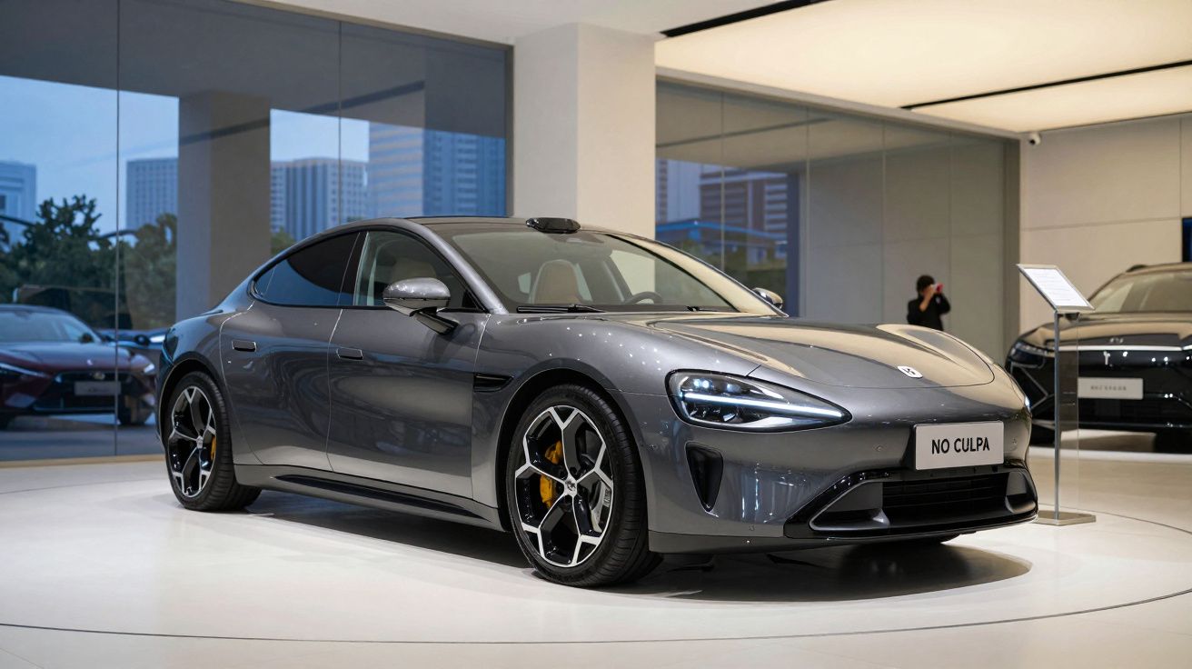 Carro desportivo cinzento com design moderno exposto em showroom iluminado com jantes detalhadas e faróis acesos.