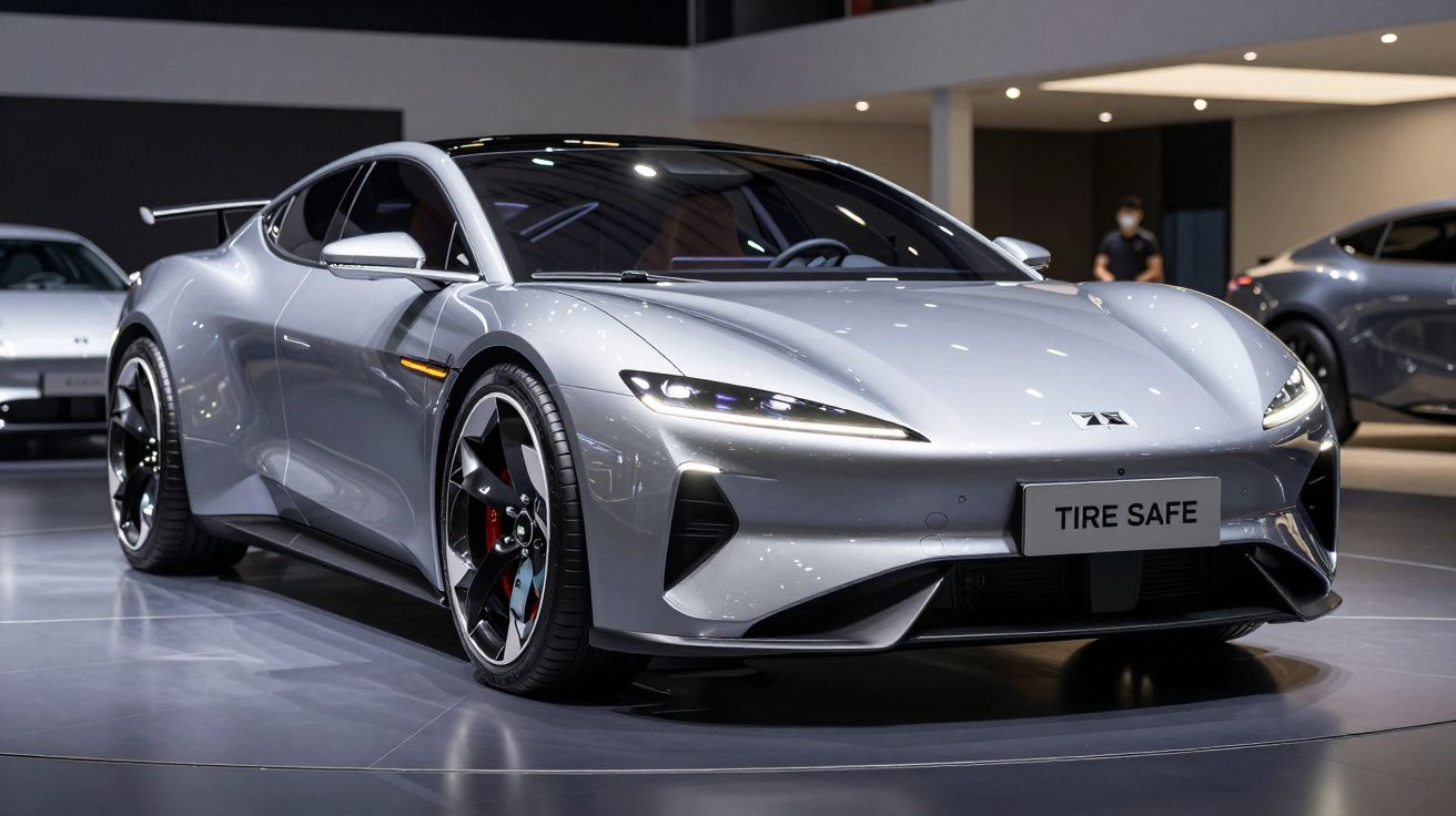 Carro desportivo elétrico cinzento com design aerodinâmico em exposição interior moderna.