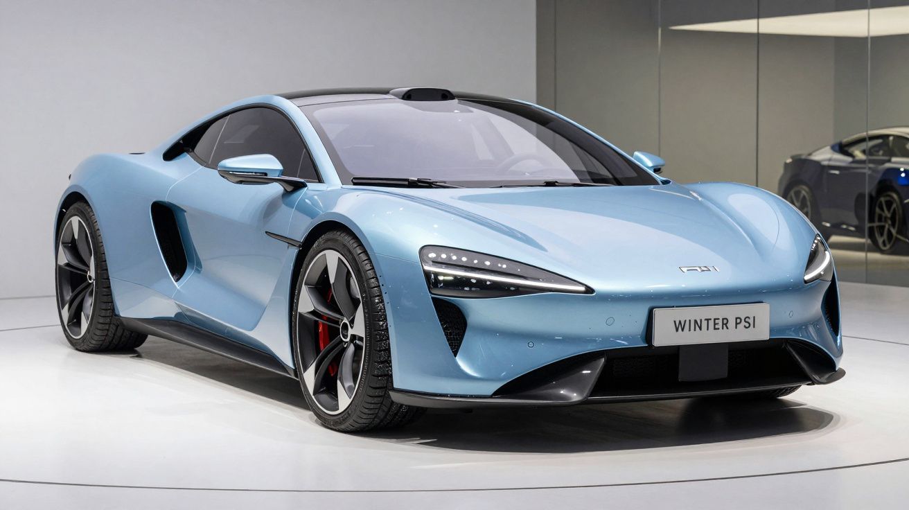 Carro desportivo azul metalizado elegante estacionado em estúdio com espelho ao fundo.