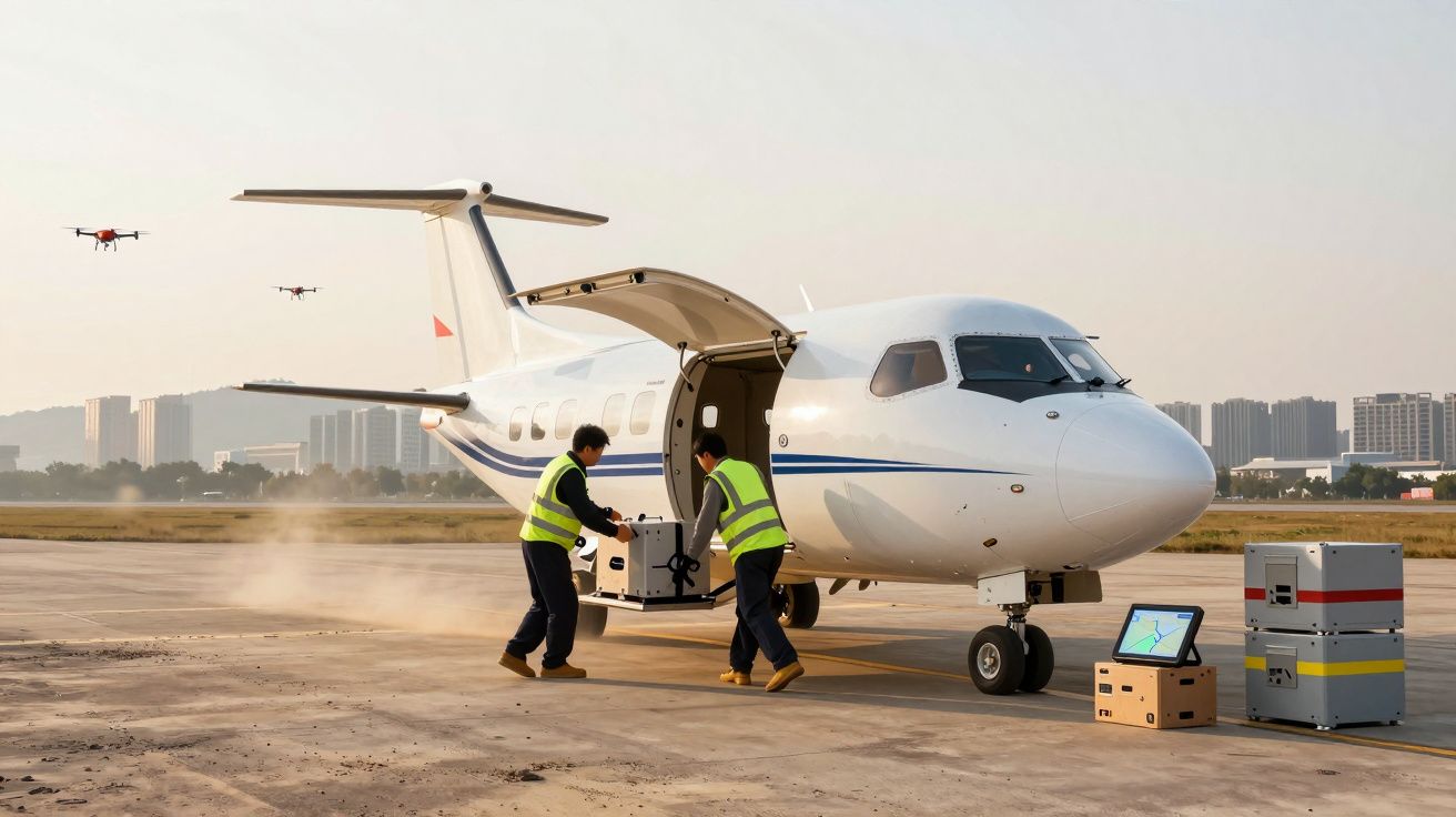 Dois homens com coletes reflectores carregam caixas para um avião pequeno numa pista de aeroporto urbana.