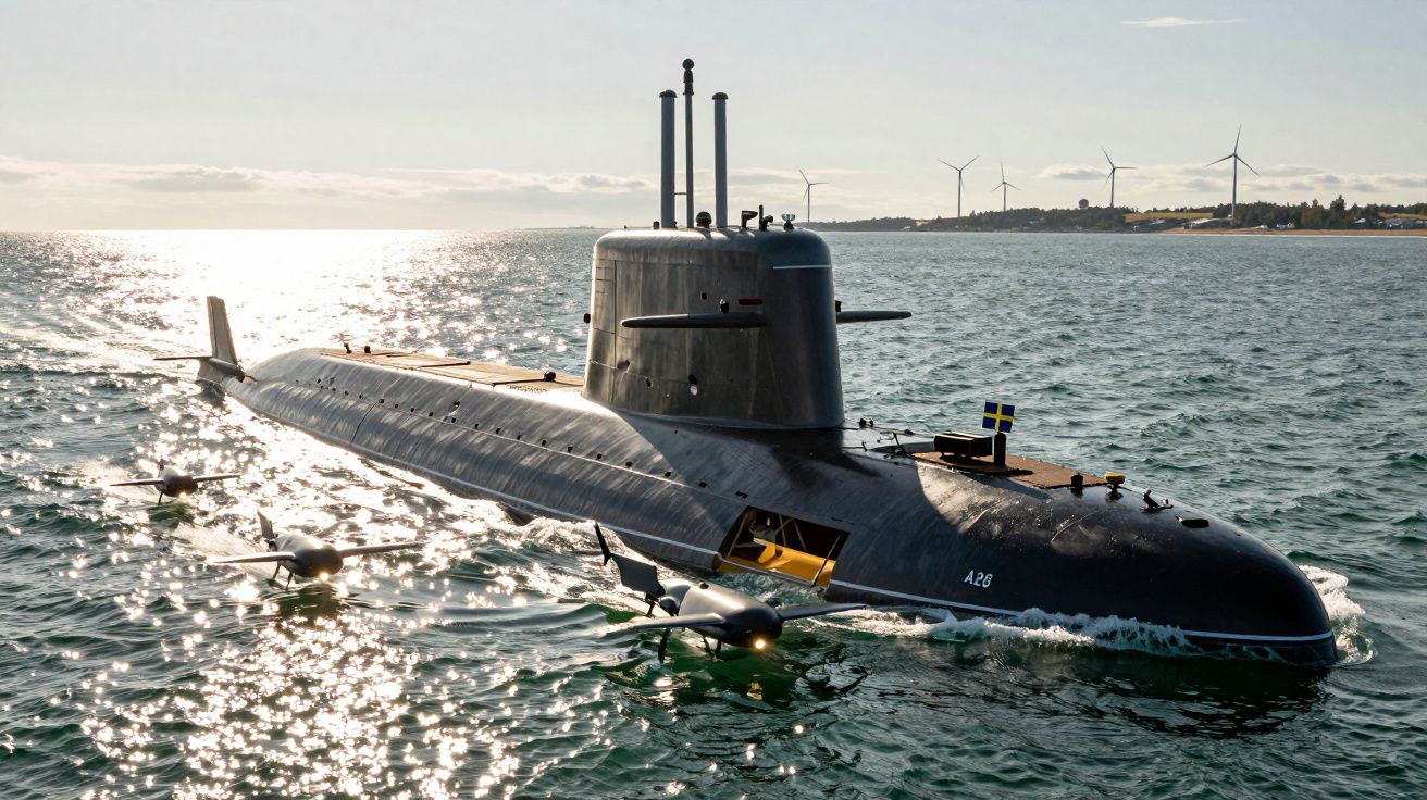 Submarino negro com bandeira sueca no mar perto de turbinas eólicas ao entardecer.