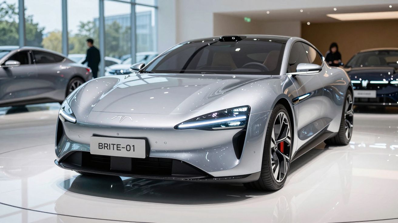 Carro elétrico cinza moderno BRITE-01 exposto em sala de vendas com jantes desportivas e faróis LED.