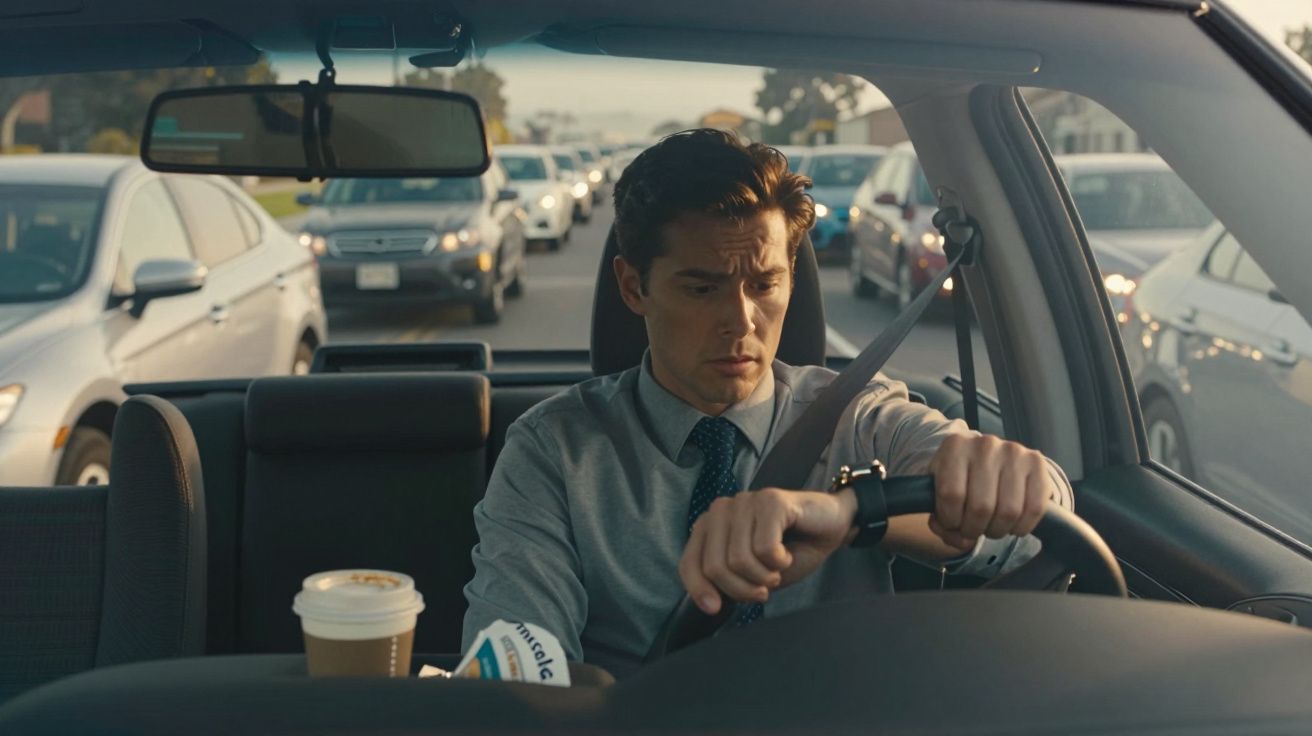 Homem de gravata sentado ao volante, preso num engarrafamento, verifica o relógio preocupado.