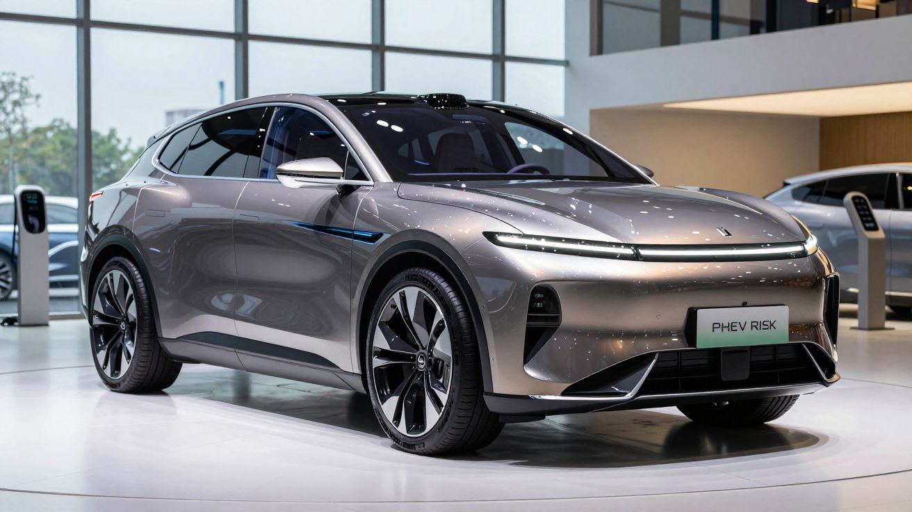 Carro elétrico cinzento moderno exposto em salão, com design aerodinâmico e rodas grandes preto e prata.