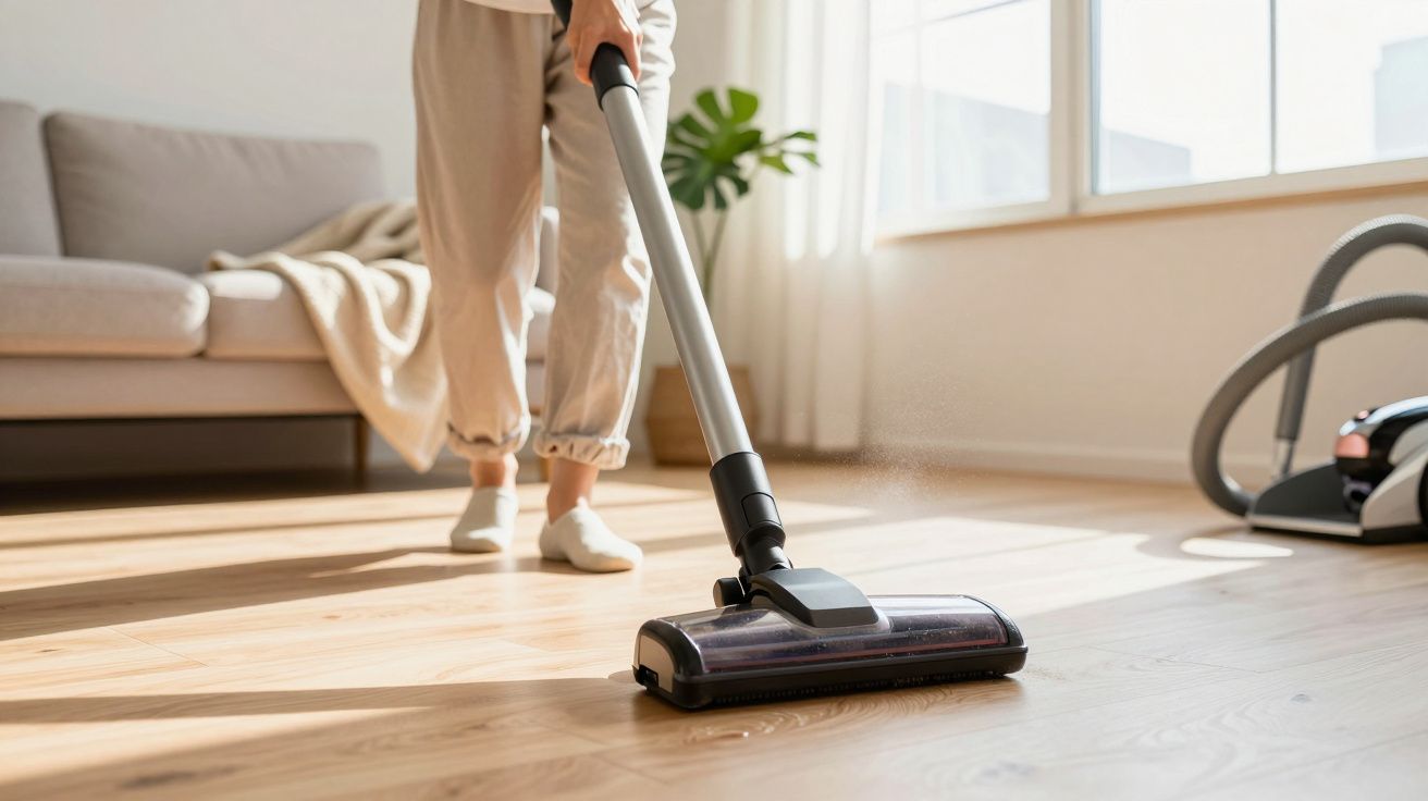 Pessoa a aspirar chão de madeira clara numa sala iluminada com sofá e planta.