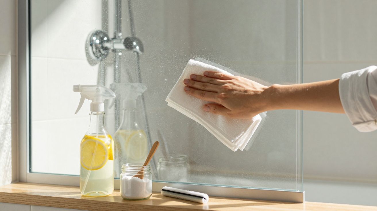 Mão a limpar um vidro de chuveiro com pano, spray com limão e frasco de produto sobre a bancada.