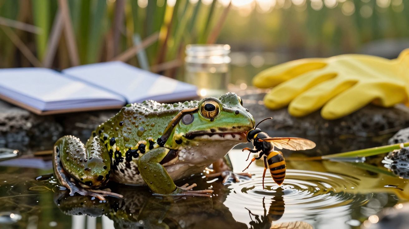 Rã verde com gotas de água no corpo perto de vespa sobre água refletida, com luvas amarelas e caderno ao fundo.