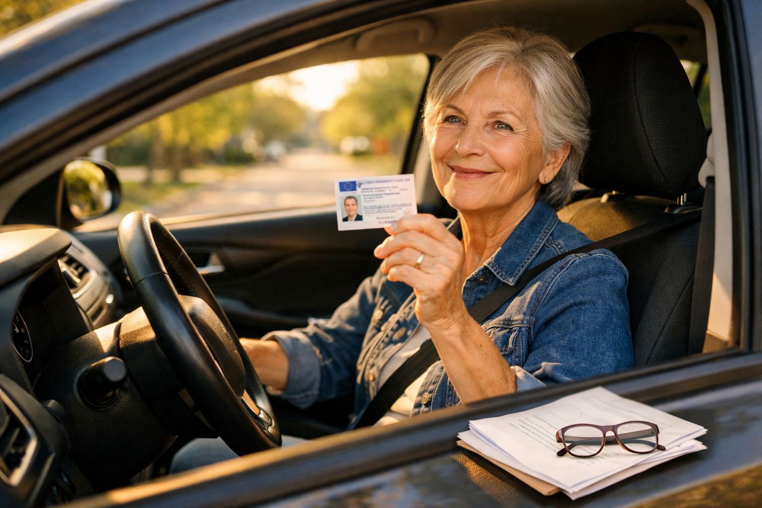 Mulher idosa sorridente sentada ao volante do carro a mostrar a carta de condução.