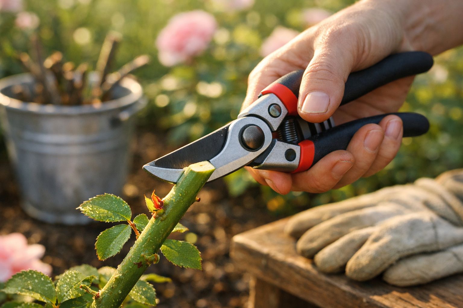 Pessoa a podar um ramo de planta com tesoura de jardinagem num jardim.