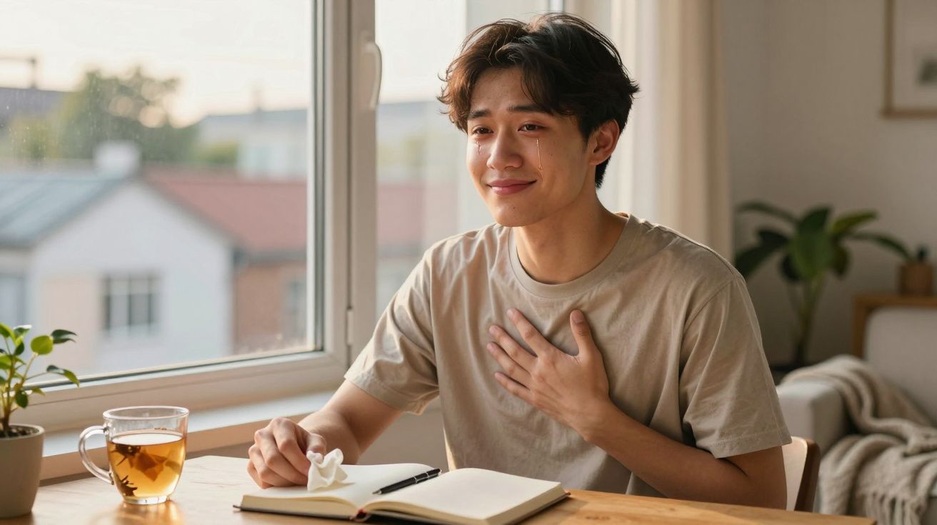 Jovem sentado à mesa com uma lágrima e mão no peito, ao lado de chá e um caderno aberto.