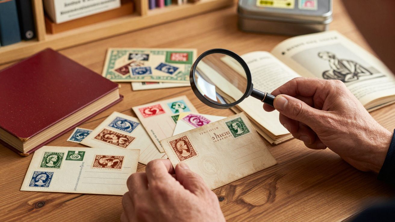 Pessoa a inspeccionar com lupa selos postais antigos sobre mesa de madeira com livros ao fundo.