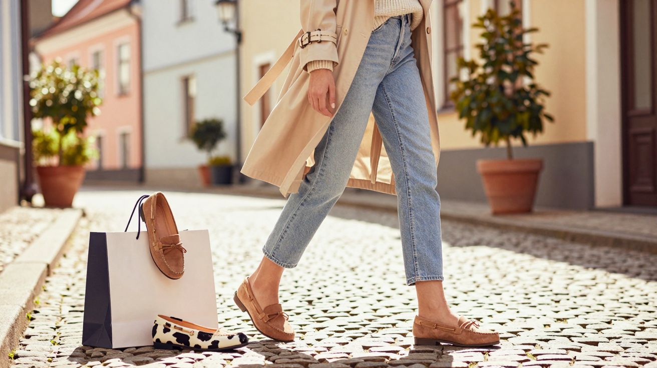 Pessoa a caminhar numa rua de calçada com um casaco bege e jeans, sapatos de vela castanhos e sacos de compras.