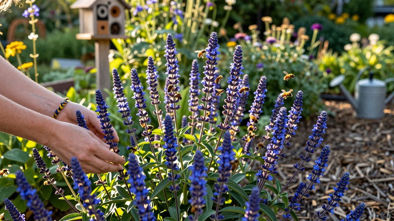 Pessoa a colher flores roxas num jardim com várias abelhas a voar à volta.