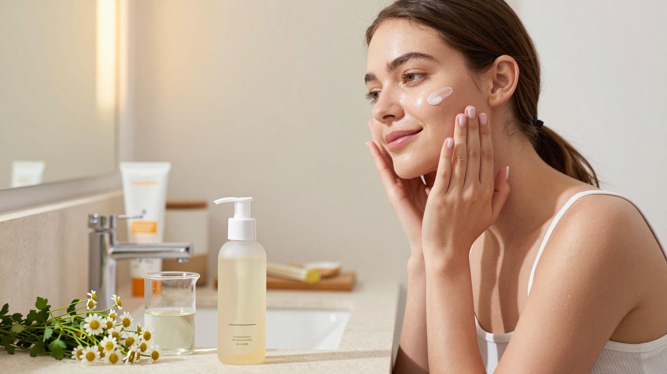 Mulher aplica creme hidratante no rosto numa casa de banho com produtos cosméticos à frente.