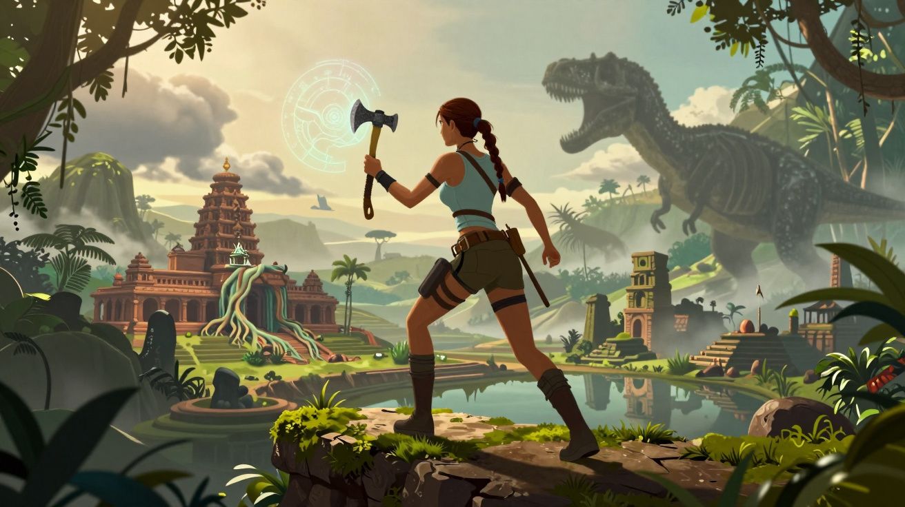 Mulher exploradora com machado diante de templo antigo e dinossauro num ambiente selvagem e misterioso.