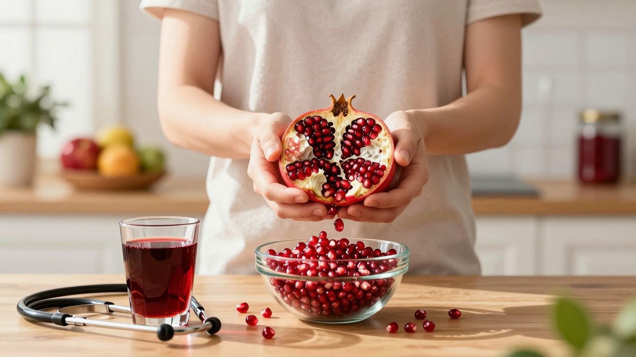 Pessoa a segurar romã partida sobre taça com sementes e sumo ao lado com estetoscópio.