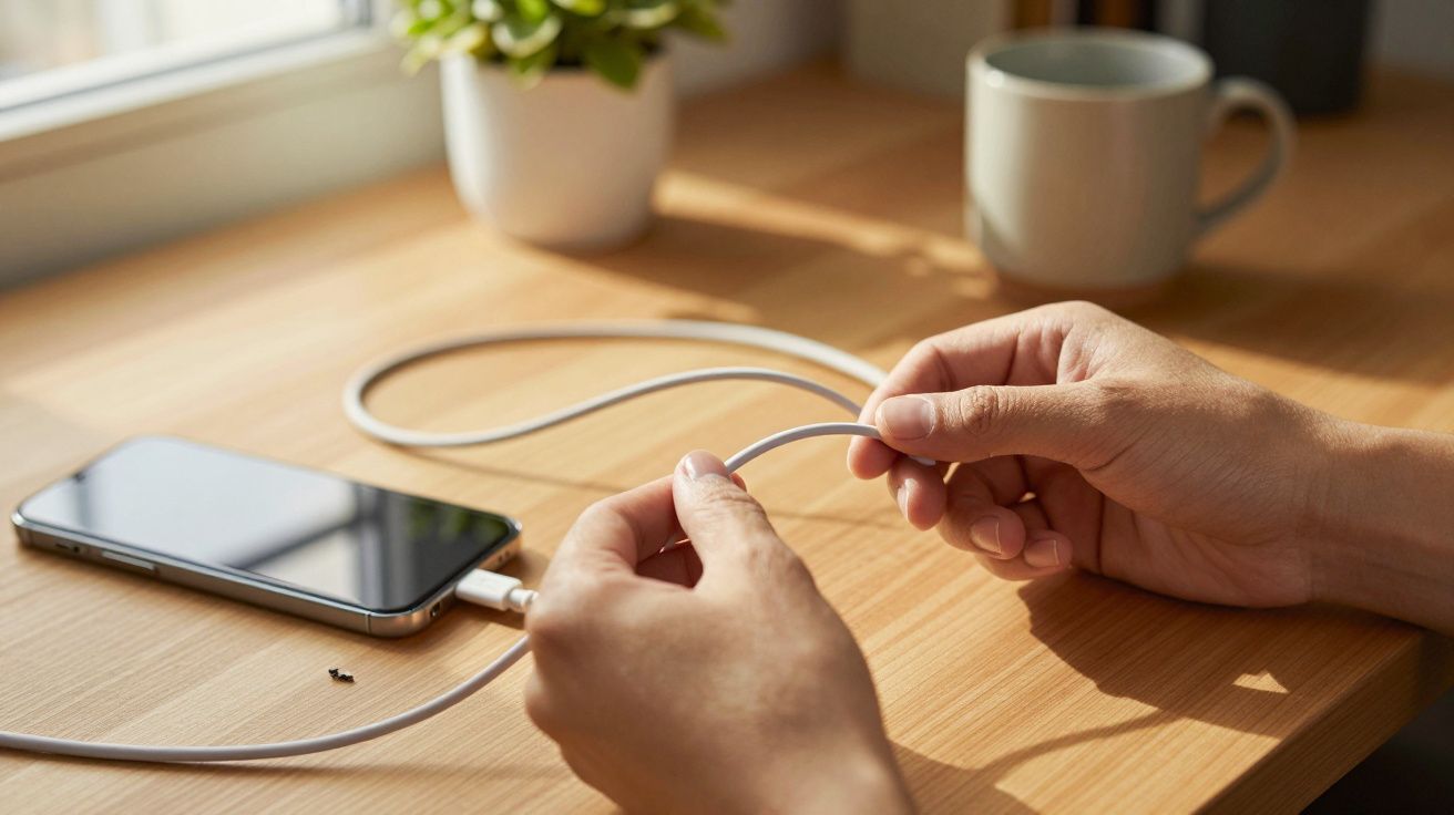 Mãos a segurar cabo USB perto de telemóvel sobre mesa de madeira com planta e caneca ao fundo.