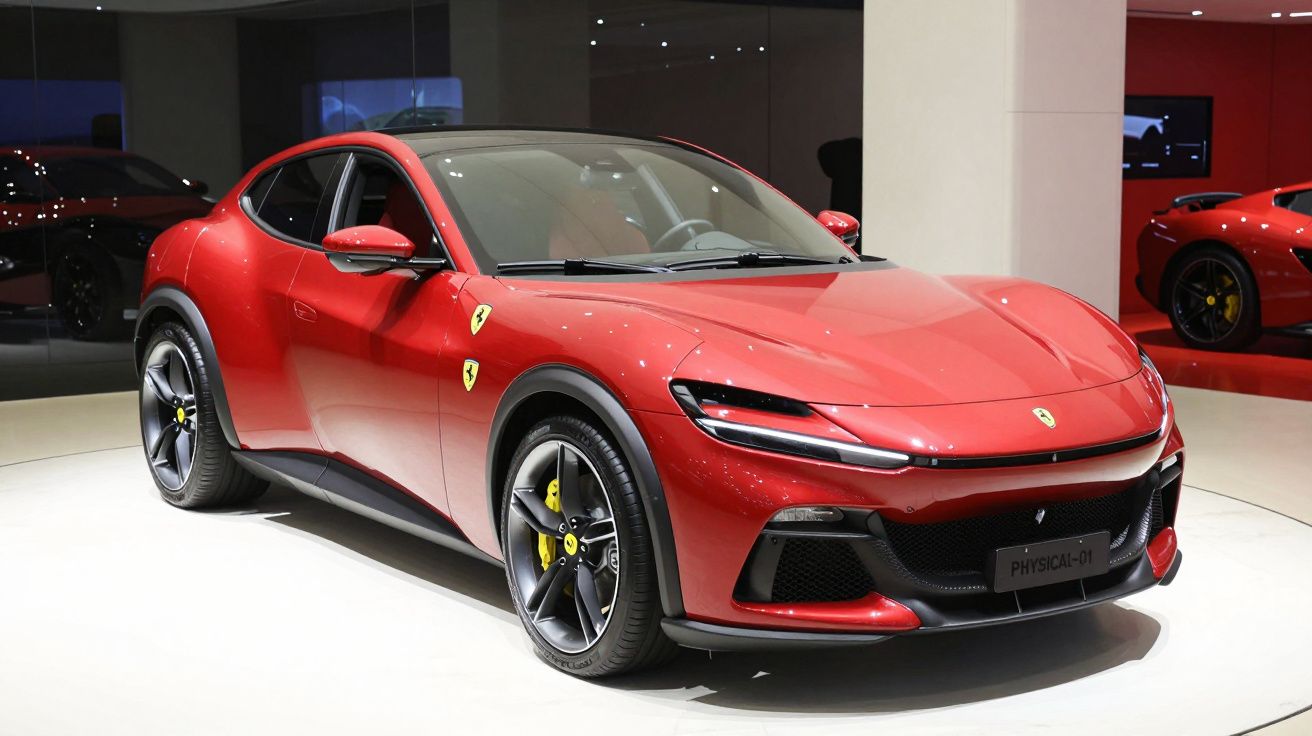 Automóvel desportivo vermelho Ferrari com linhas modernas exposto em ambiente interior.