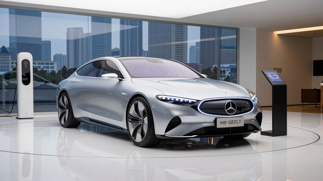 Carro elétrico Mercedes-Benz MB-Geely prata exposto em showroom moderno com carregador ao fundo.