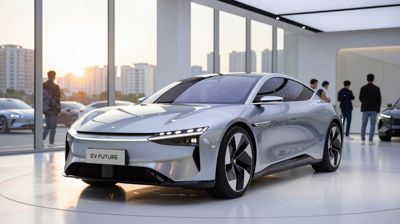 Carro elétrico prateado moderno exposto num showroom com pessoas ao fundo e edifícios ao longe.