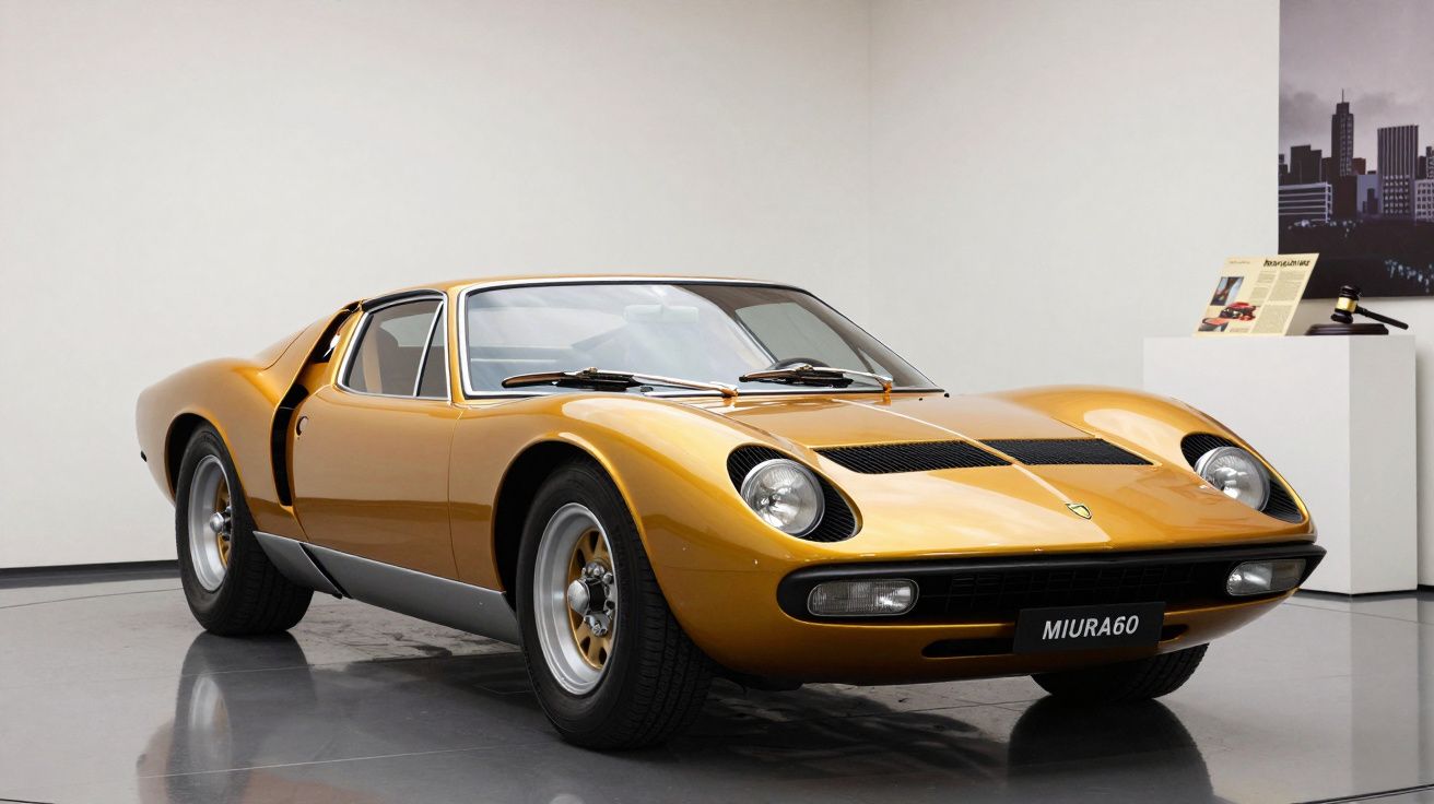 Carro desportivo clássico dourado Lamborghini Miura 60 exposto em museu com chão refletor.
