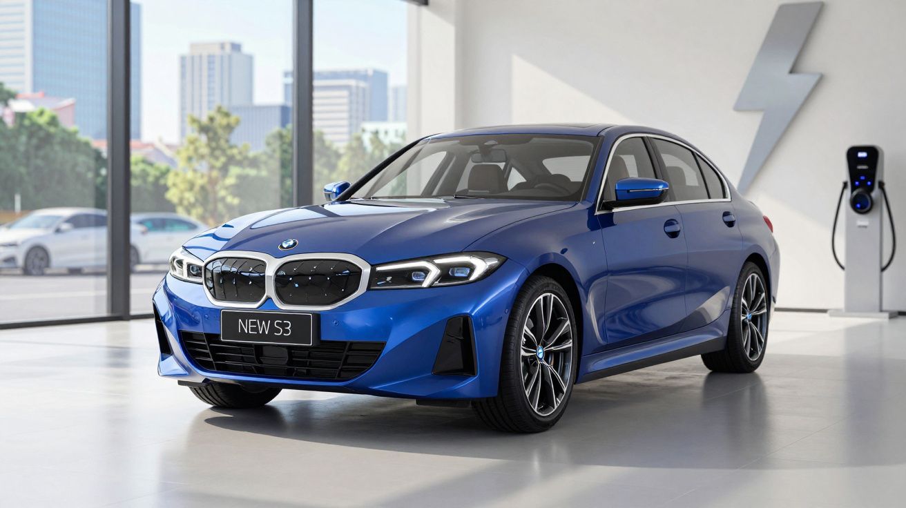 Carro elétrico BMW azul estacionado em ambiente interior moderno com estação de carregamento à parede.