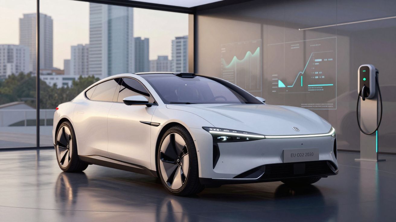 Carro elétrico branco estacionado em garagem moderna com carregador e gráficos digitais na parede.