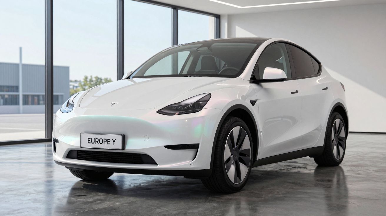 Carro elétrico Tesla branco modelo Y estacionado em interior moderno com grandes janelas.