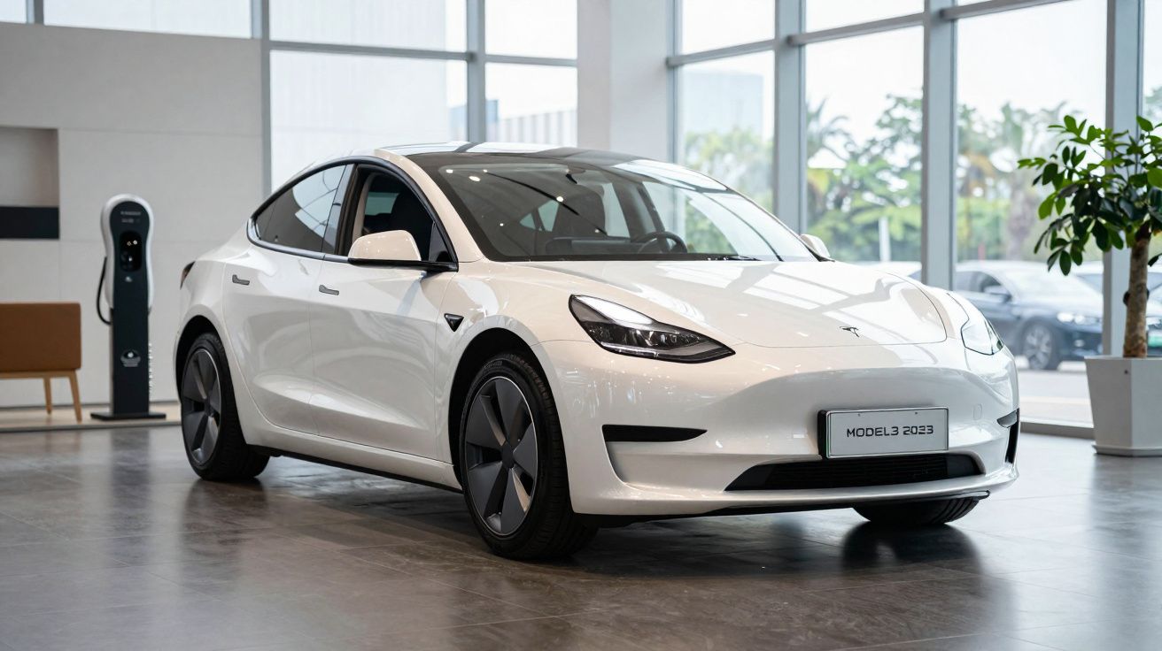 Carro elétrico branco Tesla Model 3 2023 estacionado em salão moderno com carregador e planta.