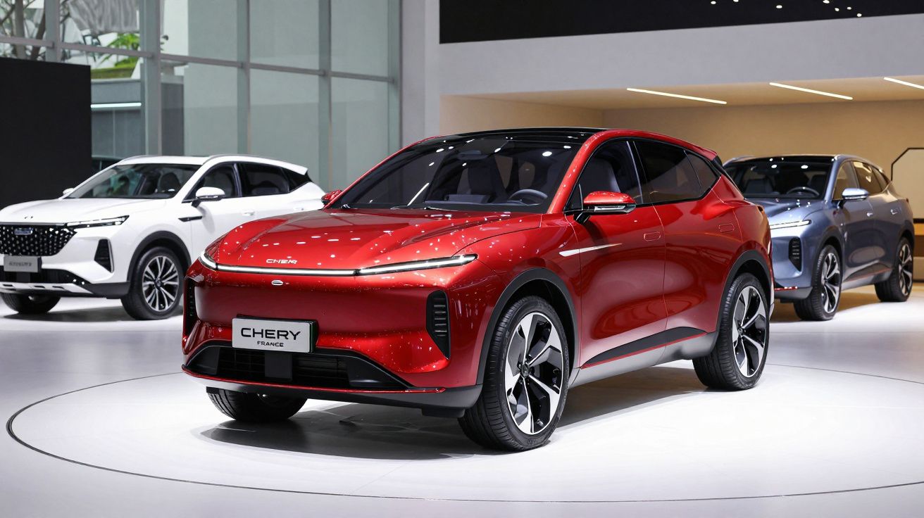 SUV elétrico vermelho da Chery em destaque numa exposição automóvel com outros veículos ao fundo.