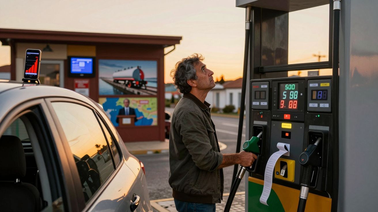 Homem a abastecer carro numa bomba de gasolina ao pôr do sol, com telemóvel a mostrar gráfico no capot.