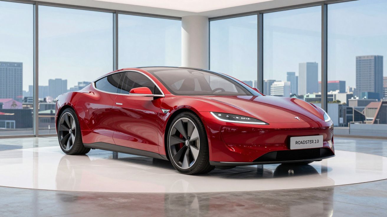 Carro desportivo elétrico Tesla Roadster 2.0 vermelho, exibido num showroom com vista para cidade.
