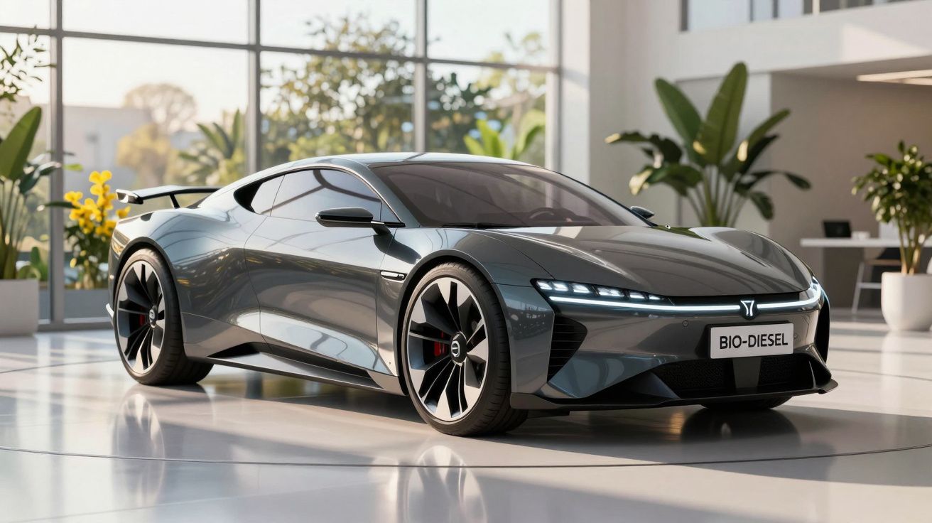 Carro desportivo cinzento com design moderno e faróis LED, estacionado num espaço interior bem iluminado.