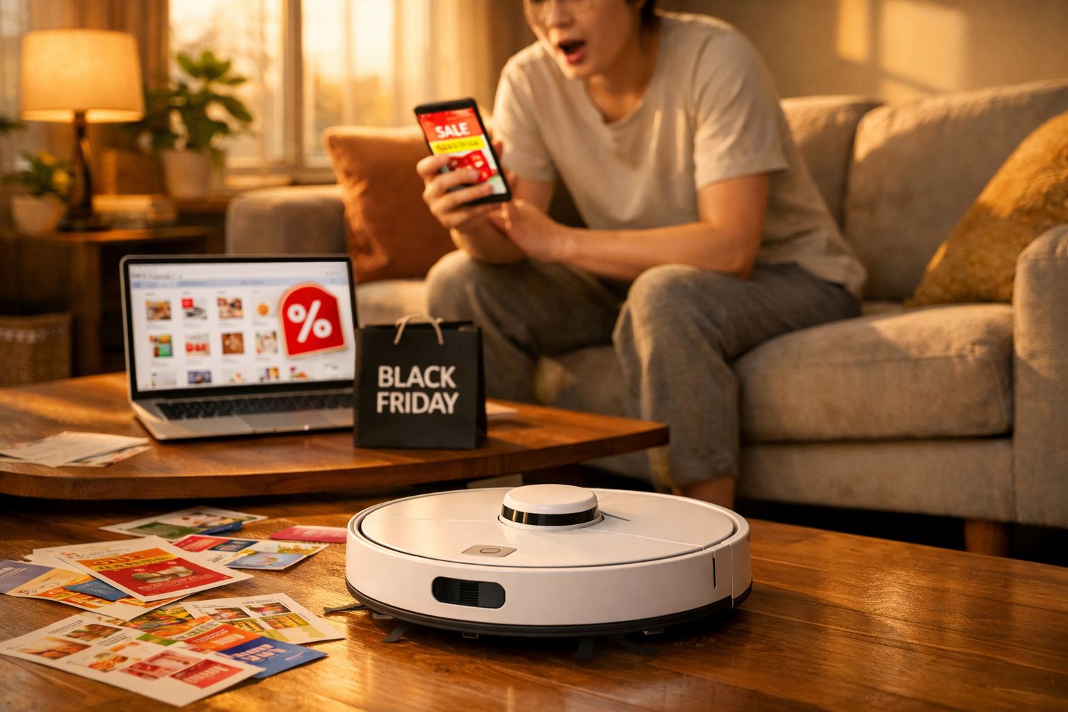 Pessoa sentada no sofá a fazer compras online na Black Friday, com robot aspirador no centro da mesa.