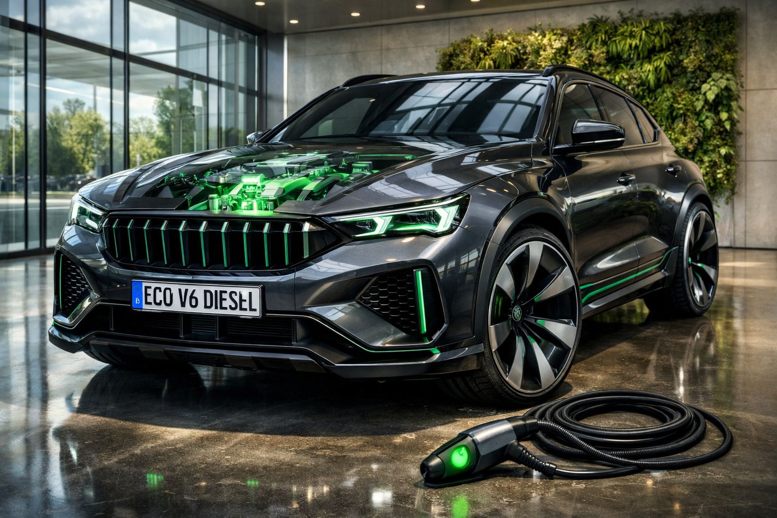 Carro elétrico cinza com luzes verdes e cabo de carregamento em piso brilhante, em ambiente moderno e luminoso.