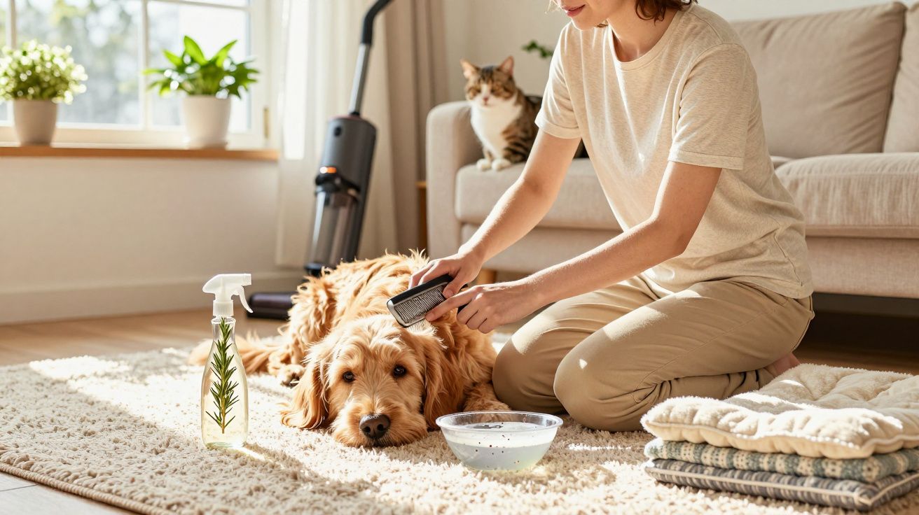 Pessoa a pentear cão dourado deitado na carpete numa sala com gato no sofá ao fundo e um aspirador.