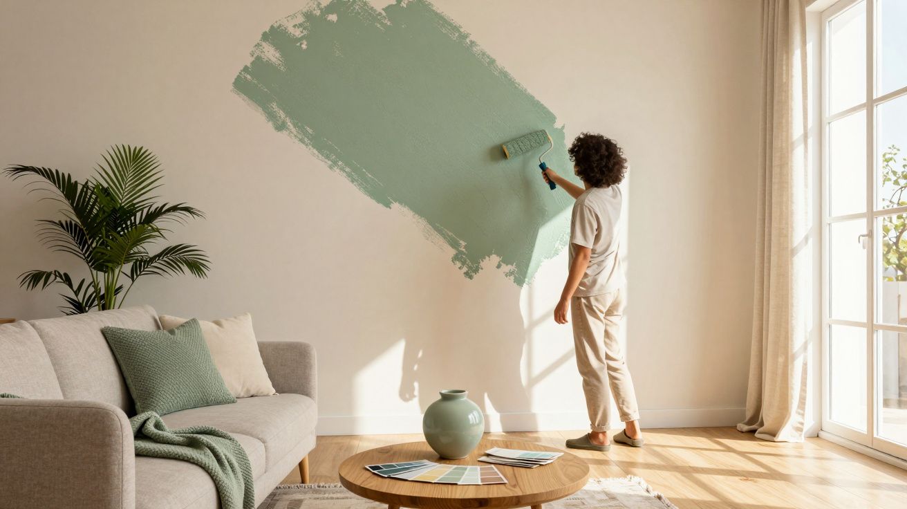 Pessoa a pintar uma parede de sala de estar com cor verde menta usando um rolo de pintura.