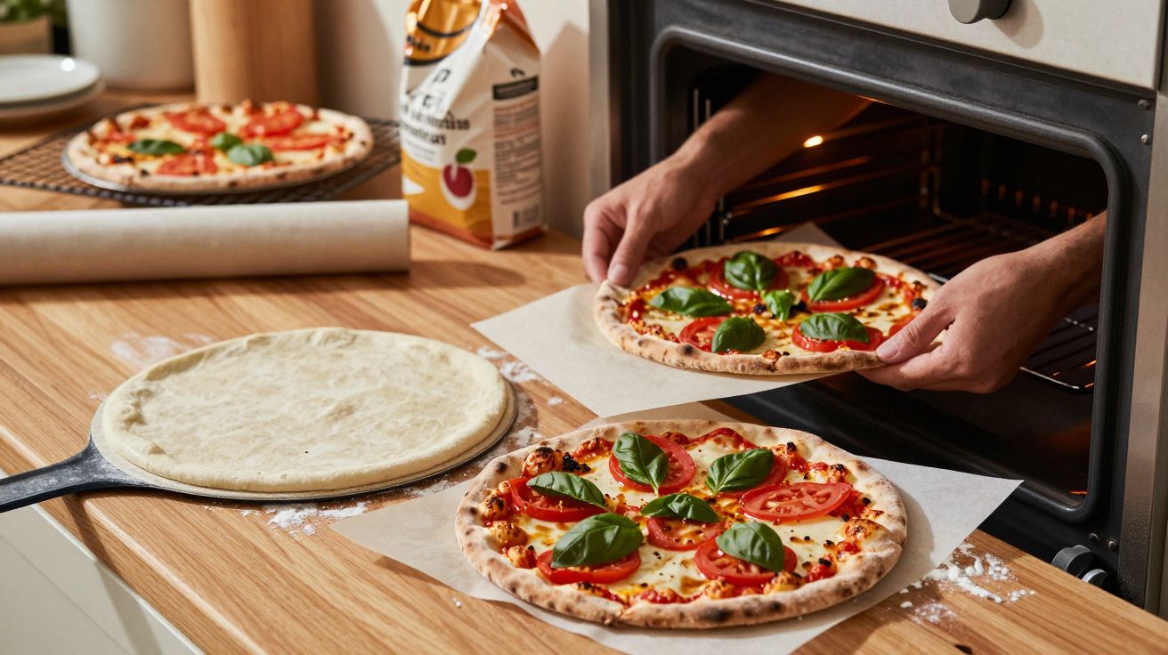 Mãos a colocar pizza com tomate e manjericão no forno, ao lado de outra pizza e massa crua na bancada.