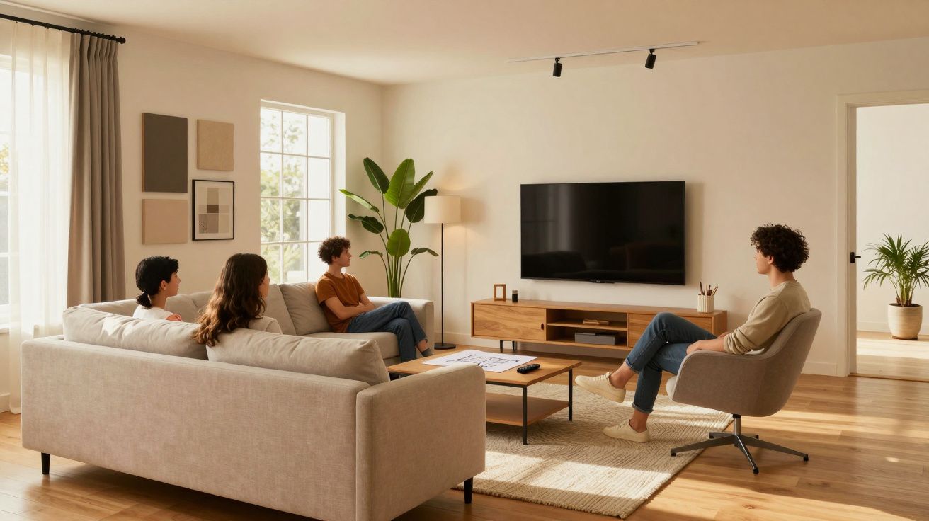 Quatro pessoas sentadas em sala de estar moderna assistindo televisão numa manhã iluminada.