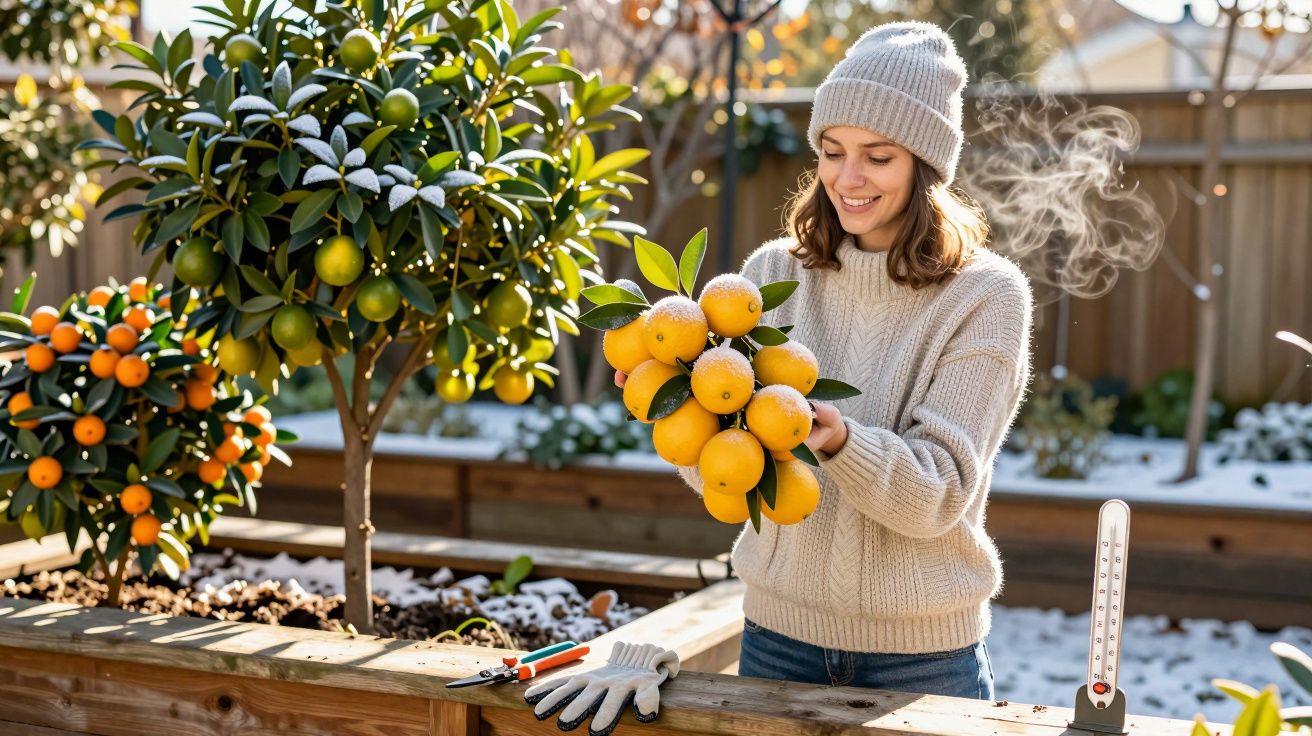 Mulher com gorro e camisola colhe laranjas num pomar com árvores e neve ao fundo.