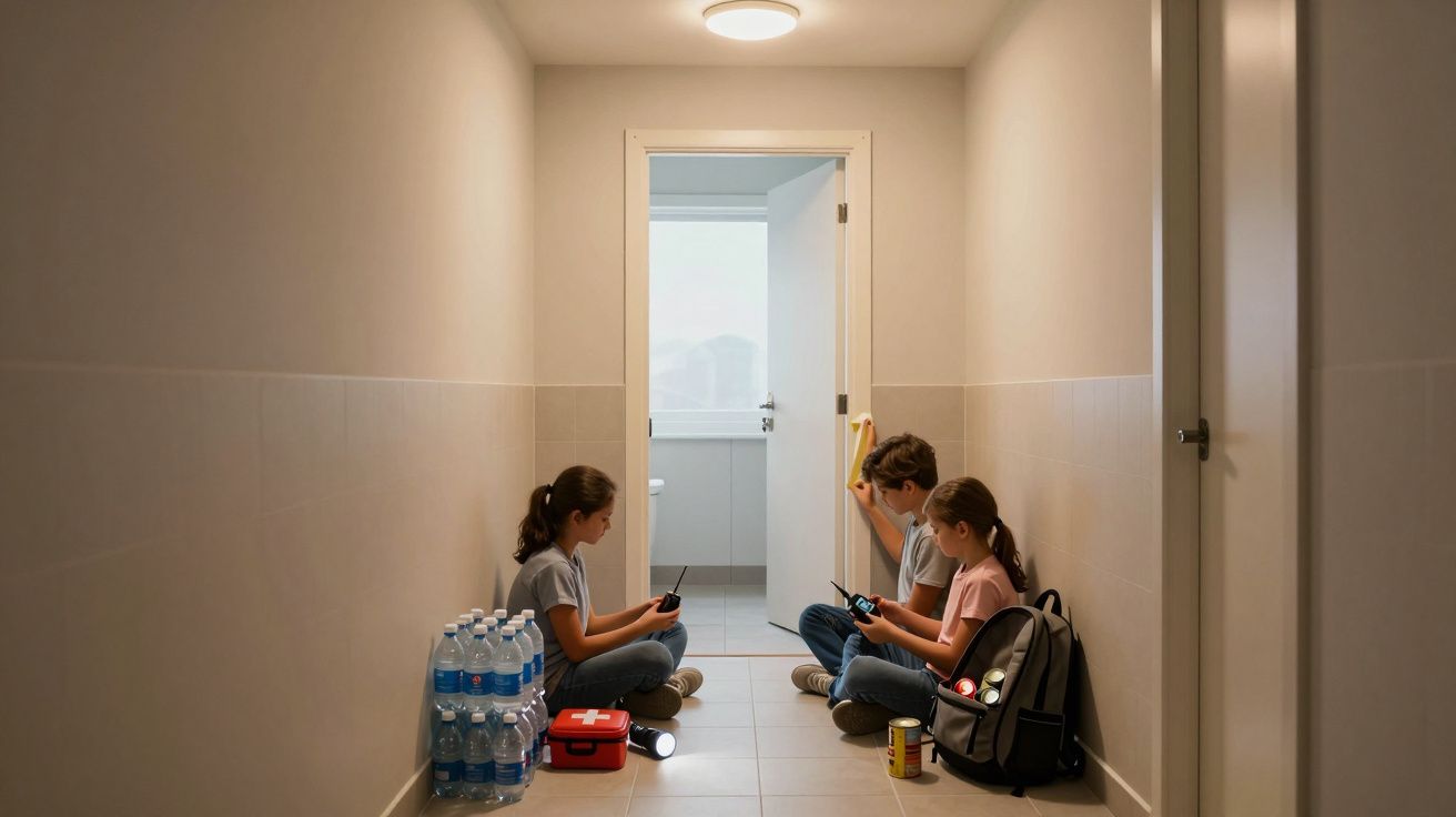 Três crianças sentadas no chão de um corredor, usando walkie-talkies, com kit de primeiros socorros e água ao lado.