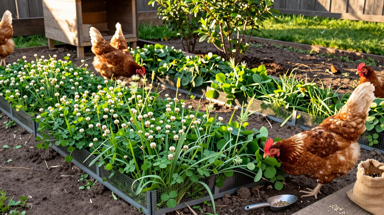 Galinha em hortas elevadas com plantas verdes e flores brancas num ambiente rural ensolarado.