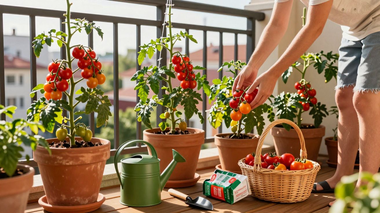 Pessoa a colher tomates cherry maduros em vasos no terraço, com regador e cesta ao lado.