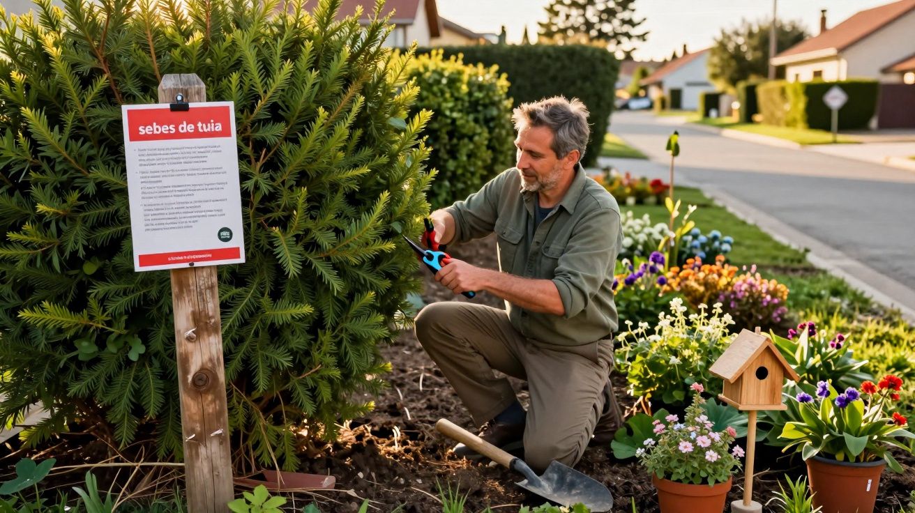 Homem a podar um arbusto num jardim florido junto a uma placa informativa sobre sebes de tuia.