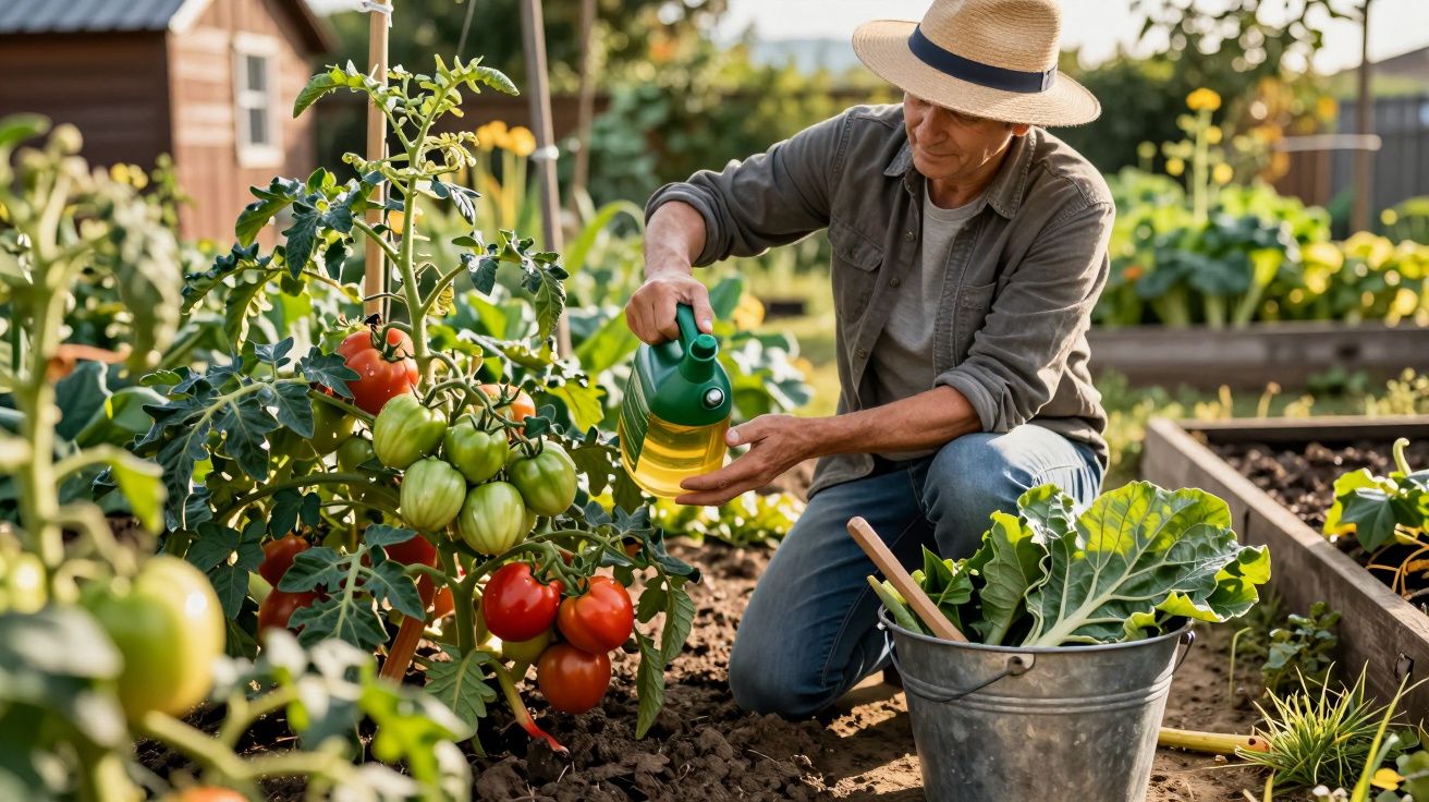 Homem a regar tomateiras com regador verde num jardim com várias plantas e uma cesta metálica.