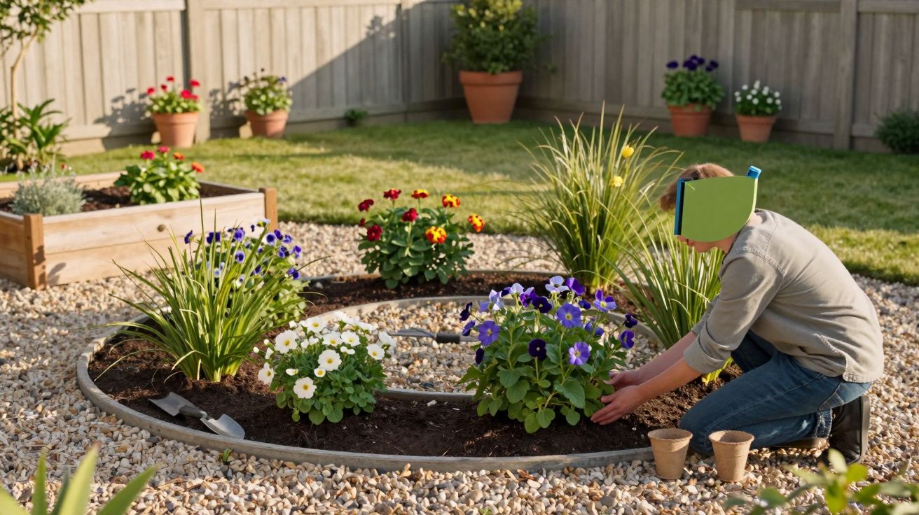Criança com equipamento de snorkel a cuidar de flores num jardim de pedra ensolarado.